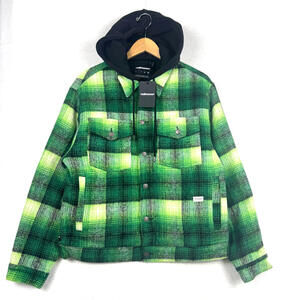NEW The Hundreds Medium Green Plaid Layered Hoodie Button Coat Jacket Streetwear